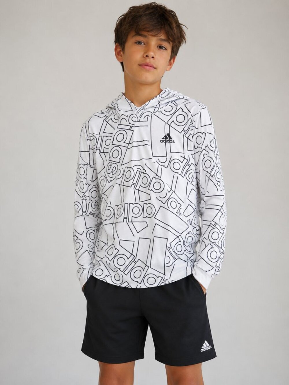 Adidas White Black Logo Print Hoodie Cotton Graphic Sweatshirt Youth M 10/12 Y2K